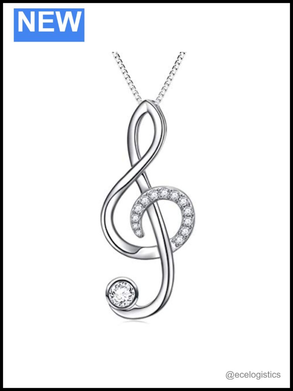 Treble Clef Music Note Pendant Necklace 925 Sterling Silver Rhodium Plated 18